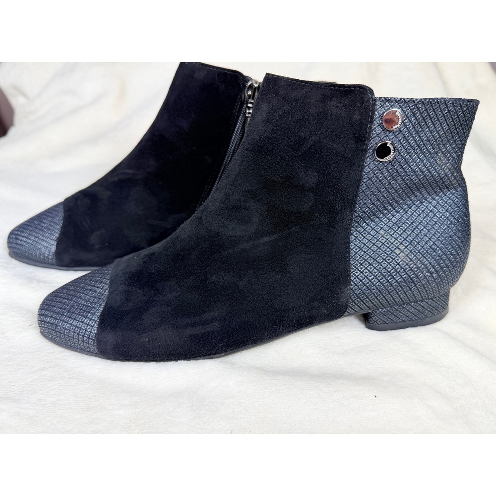 BeautiFeel Womens 37 Black Suede Metallic Ankle Boots Side Zip Low Heel Shoes